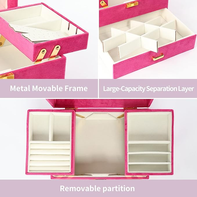 Dajasan Jewelry Organizer Box, Large Jewelry Boxes for Women Girls, Compact 3 Layers Jewelry Storage Case with Drawer, Gift Idea for Christmas, Valentine's Day, Birthday, Mother's Day (Red)