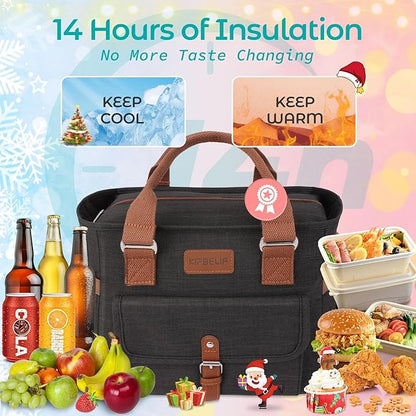 KIPBELIF Cute&Classy Roomy Insulated Lunch Bags for Women - Stylish & Functional Large Tote Adult Lunch Box for Working & Picnic(Extra Large,Classic Black)