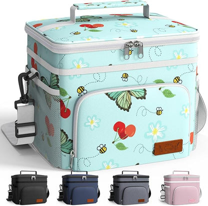 HOTOR Insulated Lunch Box for Men & Women - Leak-Proof Cooler Lunch Bag with 4 Pockets, Adjustable Strap, Ideal for Work, Picnic, Travel - Medium, Green Flower, 10.2"×6.9"×8.5"