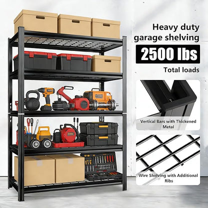 48" W*24" D Garage Shelving 5-Tier Wire Metal Shelving Unit 2500 lbs Storage Shelves Adjustable Heavy Duty Steel Shelf for Warehouse Kitchen Pantry Basement, Black, 71.2" H