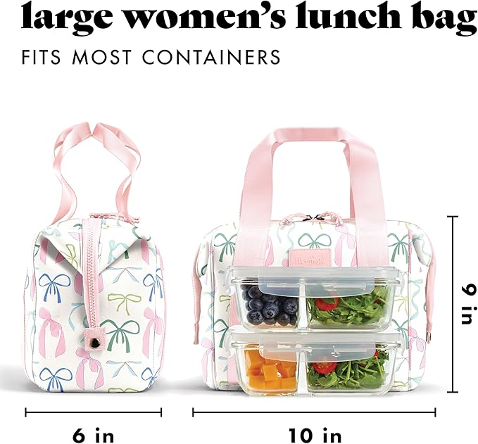 Fit & Fresh Neoprene Lunch Bag For Women, Insulated Womens Lunch Bag For Work, Tear & Stain Resistant Large Lunch Box For Women With Containers and Ice, Machine Washable Remi Bag, Dainty Bows