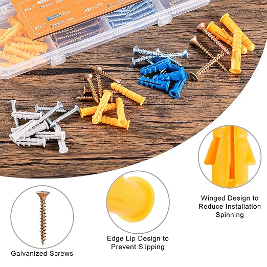 KURUI Wall Anchors Kit for Hanging Wall Art Decor, 160Pcs Drywall Anchors Assortment Kit for Frame Shelf Decorations, Plant Hooks, 80 Screws and 80 Plugs, Picture Hangers for Dry Wall Concrete Brick