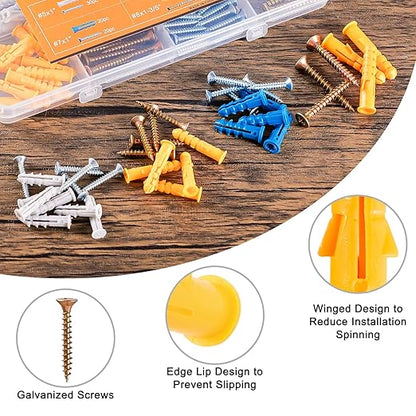 KURUI Wall Anchors Kit for Hanging Wall Art Decor, 160Pcs Drywall Anchors Assortment Kit for Frame Shelf Decorations, Plant Hooks, 80 Screws and 80 Plugs, Picture Hangers for Dry Wall Concrete Brick
