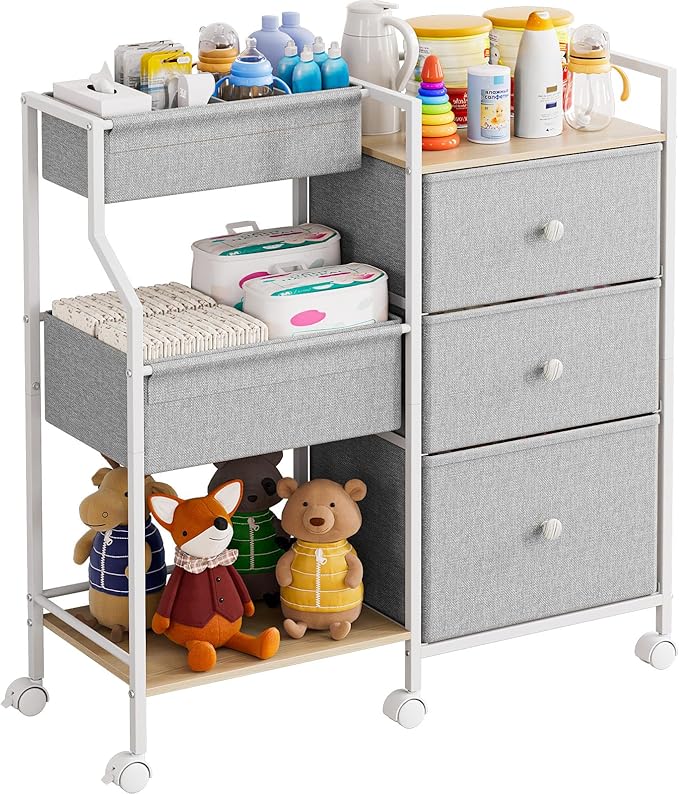 Baby Organizer and Storage - 3 Tier Rolling Cart with Dividers and Drawers, Easy To Assemble, Mobile Utility Cart with Wheels for Nursery, Bedroom, Changing Table & Crib,Light Gray