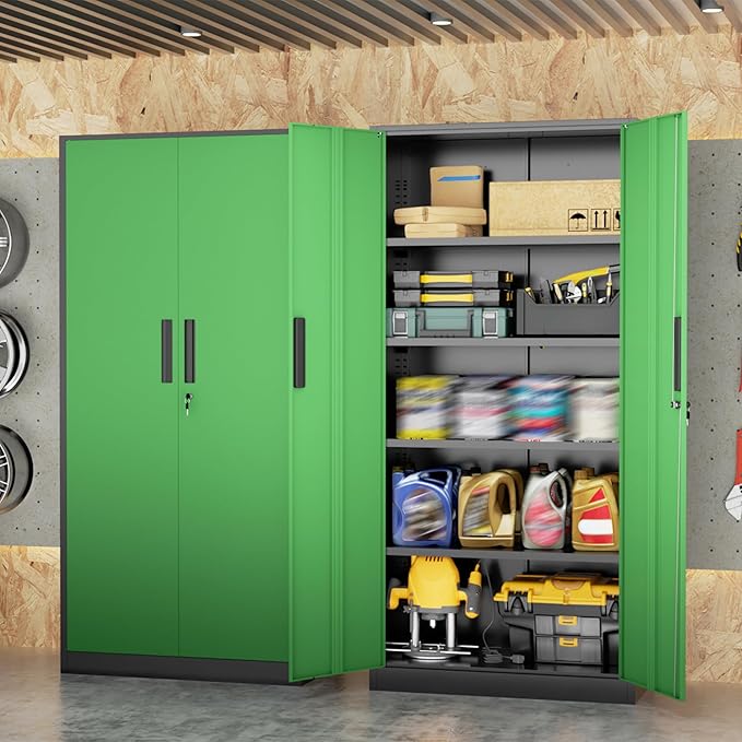 SUNCROWN 72" Metal Storage Cabinet - Heavy-Duty Metal Garage Cabinet with 4 Adjustable Shelves & 2 Doors for Tools, Office, Home, Workshop,Black & Green-Small