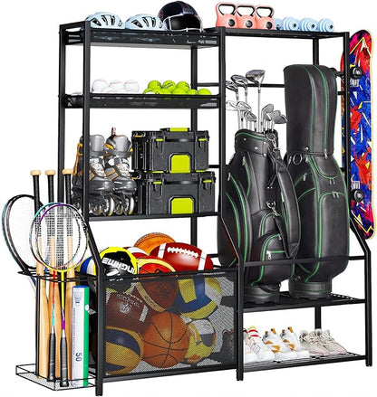 Large Sports Organizer for Garage, Ball Storage Rack Garage Sports Equipment Organizer with Side Racks, Baskets, Hooks, Multi-Purpose Golf Gear Storage for Gym Indoor Outdoor