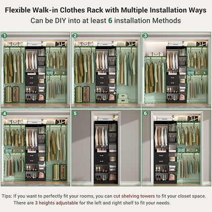 Upgraded 96 Closet System with 18 Storage Place, 8FT Closet Organizers System with 13 Shelves and 2 Wooden Drawers, 96'' Walk-in Closet with 4 Hanging Rods, Adjustable Garment Rack, Black