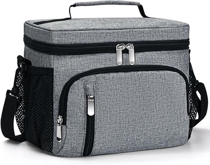 Insulated Lunch Bag for Men & Women, 9L Leakproof Lunch Box Soft Cooler Tote with 5 Pockets, 600D Oxford, EVA Lining, Adjustable Strap for Work, Picnic, Beach&Travel-Grey