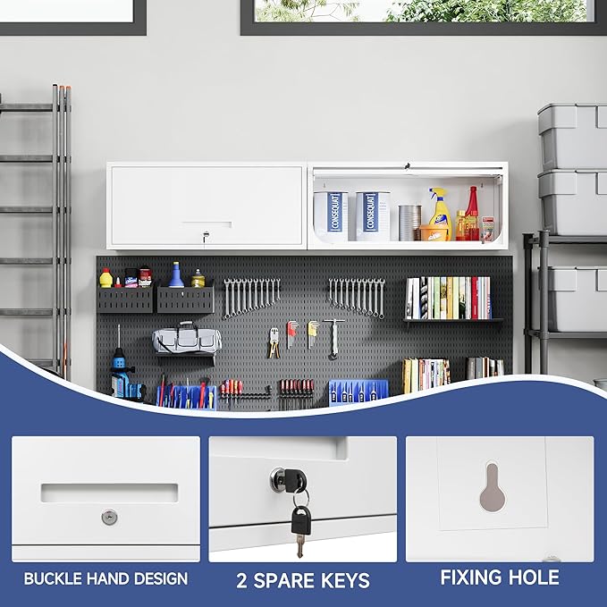 Metal Wall Storage Cabinet with Up-flip Door, Wall-Mounted Storage Cabinet for Garage, Warehouse, Home, Office, Assembly Required (White)