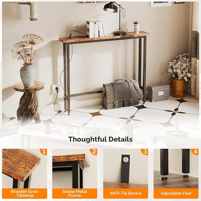 VINGLI 39" Console Table with Charging Station, 5.9" Narrow Sofa Table Behind Couch, Entryway Table with Power Outlet & 4.9 Ft Extension Cord & Adjustable Feet, for Living Room, Hallway, Rusitc Brown