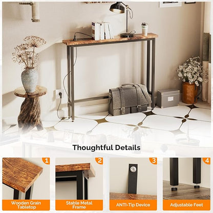 VINGLI 39" Console Table with Charging Station, 5.9" Narrow Sofa Table Behind Couch, Entryway Table with Power Outlet & 4.9 Ft Extension Cord & Adjustable Feet, for Living Room, Hallway, Rusitc Brown