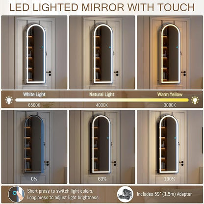 LVSOMT Wall Mounted Jewelry Organizer Lockable, 43"x16" Door Hanging Arched Mirror with Lights and Jewelry Storage, 6 LEDs Jewelry Cabinet (White)