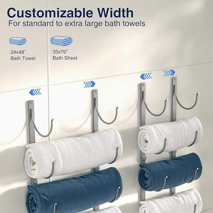 Bathroom Rolled Towel Rack: 4-Tier Wall Mounted Towel Storage Holder, Hanging Organizer for Towels, Blankets, Large Bath Sheets, Space Saving in RV, Closet, Toilet, Cabinet, Silver