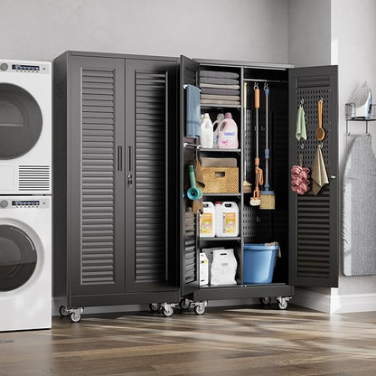 Mop and Broom Closet Storage Cabinet with Wheels and Pegboard,Metal Garage Storage Cabinet with Doors and Adjustable Shelves for Garage Home,Required Assembly,Black