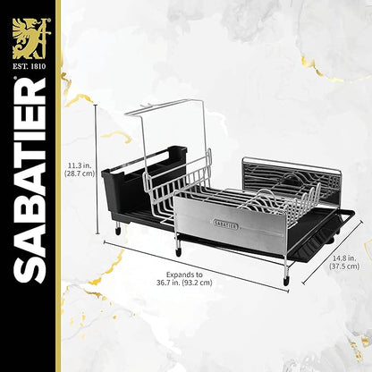 Sabatier Expandable Stainless Steel Dish Rack with Rust-Resistant Soft Coated Wires and Bi-Directional Spout, with Utensil Caddy and Removable Stemware Holder