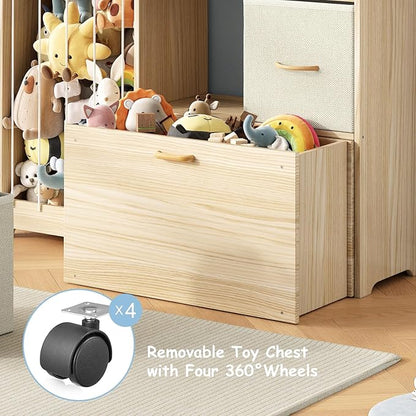 Toy Organizer and Stuffed Animals Storage, All-in-One Toy Shelf with Stuffed Animal Holder, 2 Drawers, Movable Toy Chest & Top Shelf, Solid Wood Bedroom Toy Storage Organizer