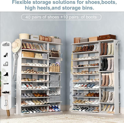 HOMEFORT 10 Tiers Shoe Rack, 50 Pairs Large Shoe Shelf, 61.8" Tall Shoe Tower, Freestanding Shoe Rack Organizer with Open Shelves, Wood Shoe Stand for Boot Storage, for Closet, Entryway, White