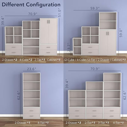 Homes: Inside + Out Apexa 6-Cube Storage Organizer Shelves, Stackable Wood Bookcase Fits Cubby Bins for Organization, Dorm Teen Room Decor & Home Office, Taupe Grey
