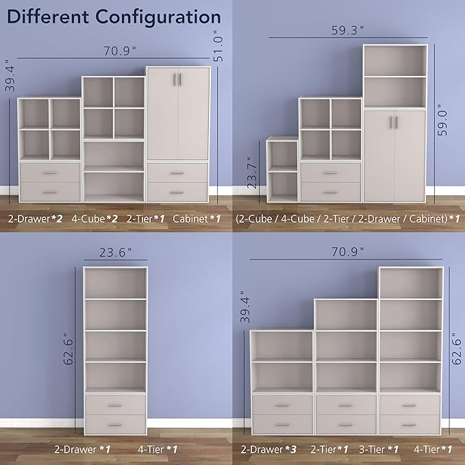 Homes: Inside + Out Apexa 3-Cube Storage Organizer Shelves, Stackable Wood Bookcase Fits Cubby Bins for Organization, Dorm Teen Room Decor & Home Office, Taupe Grey