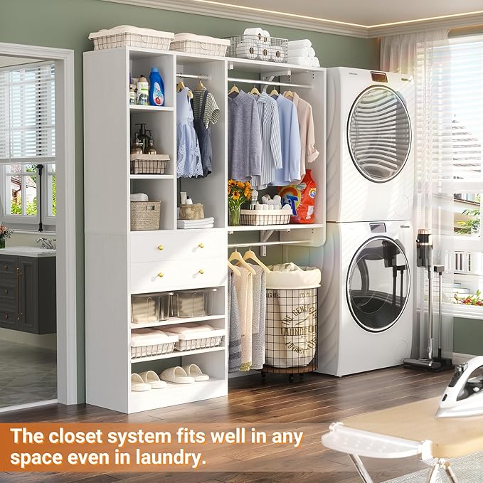 Closet System - 5FT Closet System with Drawers, 60"Closet Organizer System with 2 Hanging Shelving, Reversible Wall-mount Closet Systems for Walk-in Closets Area, White