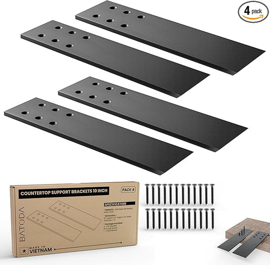 BATODA 10" Countertop Support Brackets (4 pcs) for Granite - Heavy Duty L Shelf Bracket - Wall Mounted Support for DIY Open Shelving – Knee Wall Support - Mounting Hardware Included ( Pack 4 )