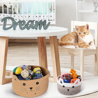 Zopeal Cat Basket Storage Woven Organizer with Ears Easter Decorative Gift Pet Toy Cute Cotton Rope Basket for Gift Cat Dog Toy Bin Nursery Room(13.7 x 7.8 Inch,Khaki)