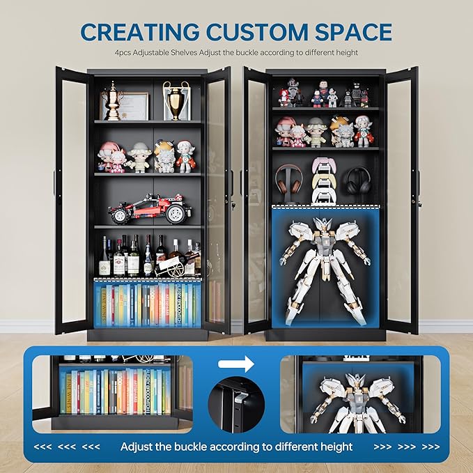 Display Cabinet with Glass Doors, 71 Inches Metal Display Case with 4 Adjustable Shelves, Curio Storage Cabinet with Lock for Home, Office, Book, Pantry, Assemble Required (Black)