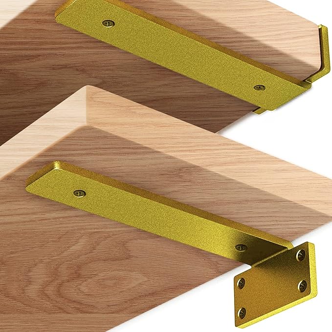 Premium Heavy Duty Shelf Brackets – 0.2In Thick Gold L Shape Shelf Bracket, Hidden Steel Brackets for Shelves - 8 Inch Heavy Duty Floating Shelf Hardware (6Pcs)
