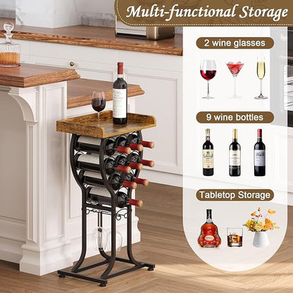 X-cosrack Wine Rack Freestanding Floor, Mini Wine Storage Rack, Desktop Wine Bottle Display Stand with Wine Glass Holder, Mini Bar Table with Tabletop for Home Bar Kitchen Living Room