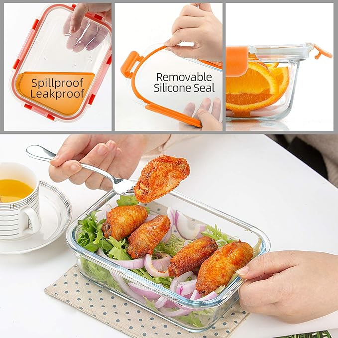 C CREST [10-Pack] Glass Food Storage Containers - Food Prep Containers with Lids - Microwave, Oven, Freezer and Dishwasher Safe