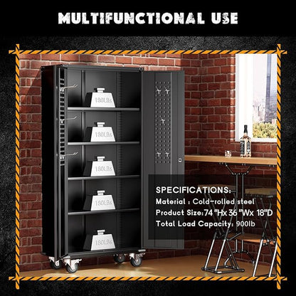 Greenvelly Garage Storage Cabinet with Wheels, Rolling Metal Cabinet with Pegboards and Adjustable Shelves,- 72" Steel Tool Cabinet for Home Office, Garage, Warehouse, Black