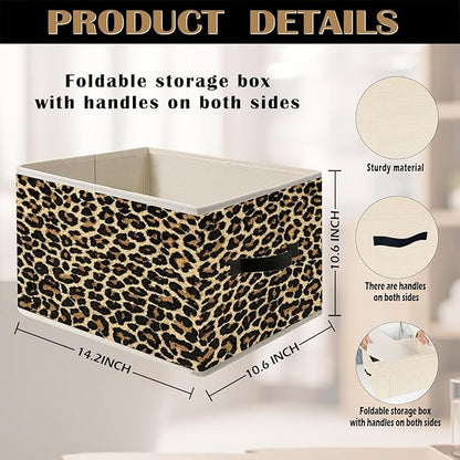 Brown Leopard Print Storage Bin Box with Handles, Cheetah Room Decor, Girly Y2k Wild Western Cheetah Foldable Organizer Basket Toybox for Girls Dorm Bedroom Bathroom Clothes Toys Books