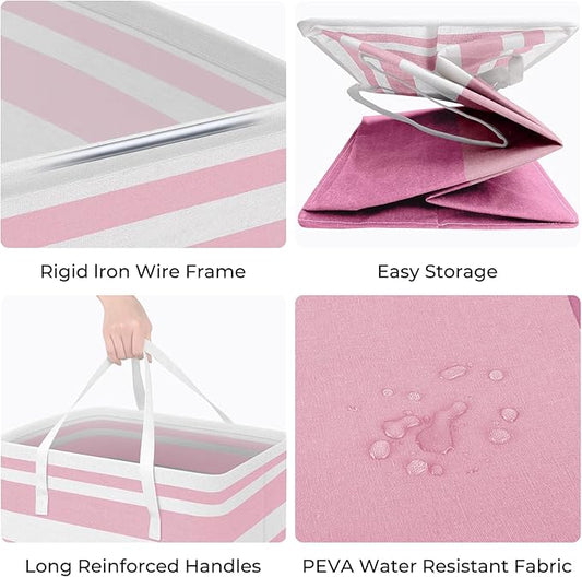 HomeHacks 2 Pack Large Laundry Baskets, Waterproof, Freestanding Laundry Hampers, Collapsible Clothes Hamper with Reinforced Handles in Laundry, College Dorm, Bathroom, Bedroom (Pink, 88Lx2)