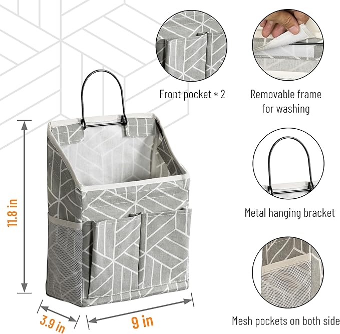 2pcs Wall Hanging Storage Bag, Small Door Closet Linen Fabric Pockets Organizer, Waterproof Multi Functional for Living Room Bedroom Bathroom Kitchen RV Camper with Hooks Pattern Grey