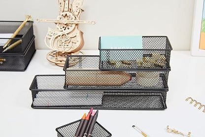 Annova Mesh Stackable Drawer Cabinet and Shelf Organizer Bins Storage Basket School Office Supply Holder Tray- Set of 2 (Black, 3x12x2 Inch)