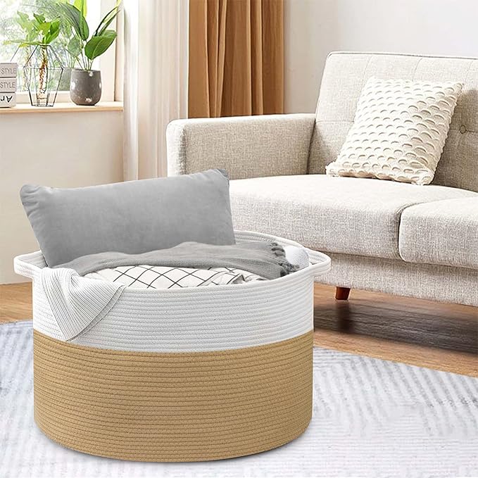 Extra Large Storage Basket, 22” x 22” x 14” Cotton Rope Bins for Storage, Wicker Baby Laundry Basket, Kids, Woven Kids Toy Bin Box, Decorative Baskets for Organizing Clothes, Towels, Blankets