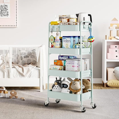 TOOLF 4-Tier Metal Rolling Cart with Wheels, Storage Utility Organizer Cart for Kitchen, Bathroom, Office, Baby Essentials & Makeup - Lockable Casters, Easy Assembly, Large Capacity, Green