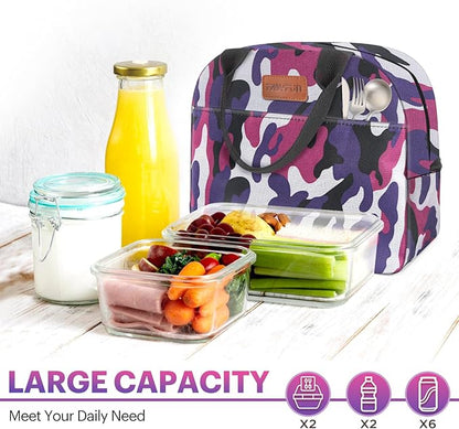 Lunch Bag for Women & Men Adult Insulated Lunch Box, Small Leakproof Cooler Food Lunch Containers Reusable High Capacity Lunch Tote Bags for Work, Travel, Outdoor (Purple Camo)