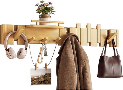 Mid Century Modern Walnut Foldable Entryway Wall Coat Hanger Hook with Shelf,Heavy Duty Wooden Piano Hidden Towel Hooks for Bathroom,Wall Rack for Purse&Key&Mail,Home Decor (Natural, 9 Hooks)