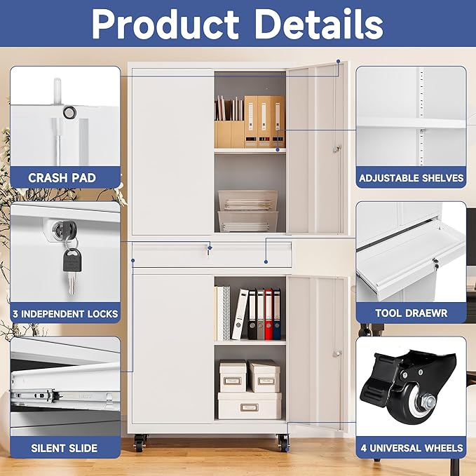 Metal Garage Storage Cabinet with Wheels, 73" Lockable Storage Cabinet with 2 Adjustable Shelves and 1 Drawer for Garage, Utility Room, Warehouse (White)