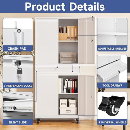 Metal Garage Storage Cabinet with Wheels, 73" Lockable Storage Cabinet with 2 Adjustable Shelves and 1 Drawer for Garage, Utility Room, Warehouse (White)