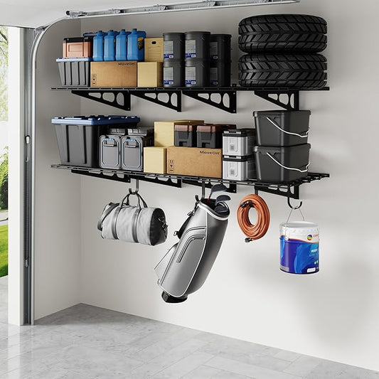 FLEXIMOUNTS 2-Pack 2x6ft Garage Shelving with Hooks, 24-inch-by-72-inch Wall Shelf Garage Storage Racks Floating Shelves, Black, Classic Series