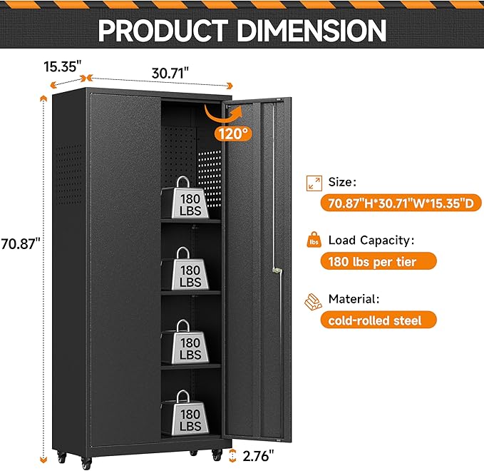 Garage Storage Cabinet with Wheels, Metal Storage Cabinet with 2 Doors and Adjustable 4 Shelves for Garage, Basement, Warehouse, Office, Black, Assembly Required
