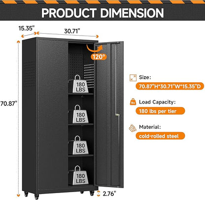 Garage Storage Cabinet with Wheels, Metal Storage Cabinet with 2 Doors and Adjustable 4 Shelves for Garage, Basement, Warehouse, Office, Black, Assembly Required