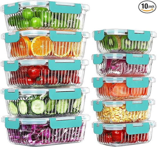 KOMUEE 10 Packs Glass Meal Prep Containers with Lids, Glass Food Storage Containers Set, Airtight Lunch Containers, Microwave, Oven, Freezer and Dishwasher Safe, Green