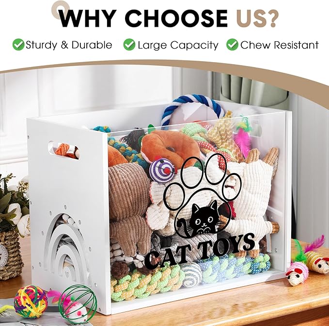 Large Cat Toy Basket Cat Toy Box Wooden Storage Bin with Acrylic Board Storage Box for Puppy Toys Pet Food and Accessories Organizer Holder Basket for Living Room Area(White, Cat)