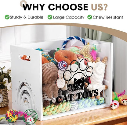 Large Cat Toy Basket Cat Toy Box Wooden Storage Bin with Acrylic Board Storage Box for Puppy Toys Pet Food and Accessories Organizer Holder Basket for Living Room Area(White, Cat)