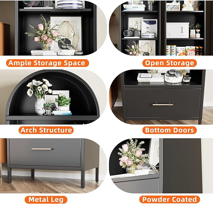 Metal Arched Bookcase Cabinet with 2 Adjustable Shelf, Black Arched Bookshelf with Drawer for Home Office Living Room,Required Assembly