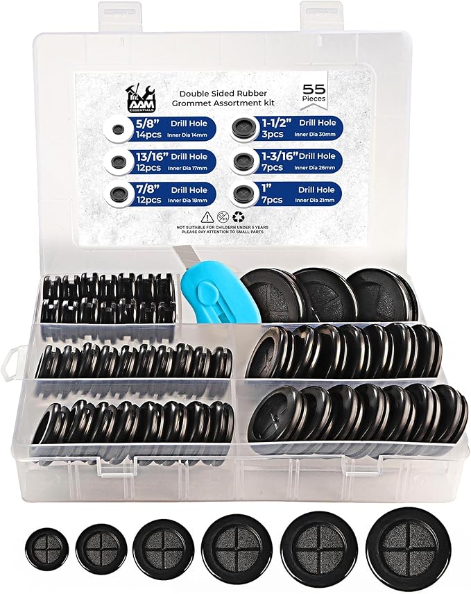 55Pcs Rubber Grommets kit, Firewall Hole Plugs in 6 Assorted Sizes 5/8",13/16",7/8",1",1-3/16",1-1/2"- Round Rubber Grommets for Wiring & Waterproof Wire Grommet kit - Ideal Wire Protection Solution