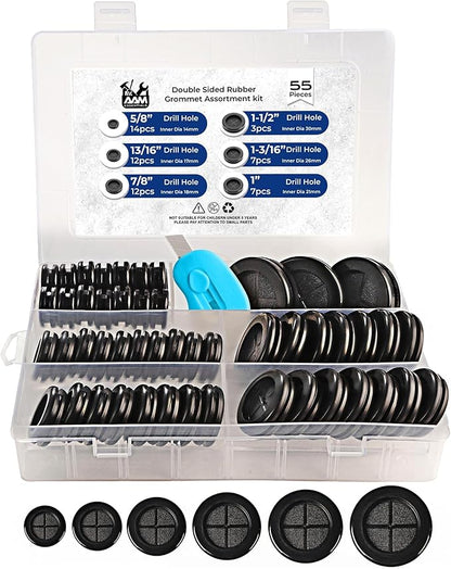 55Pcs Rubber Grommets kit, Firewall Hole Plugs in 6 Assorted Sizes 5/8",13/16",7/8",1",1-3/16",1-1/2"- Round Rubber Grommets for Wiring & Waterproof Wire Grommet kit - Ideal Wire Protection Solution